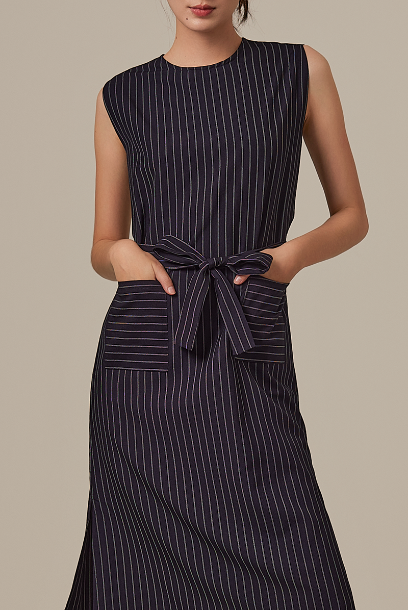 Landa Stripes Sleeveless Dress in Navy Blue