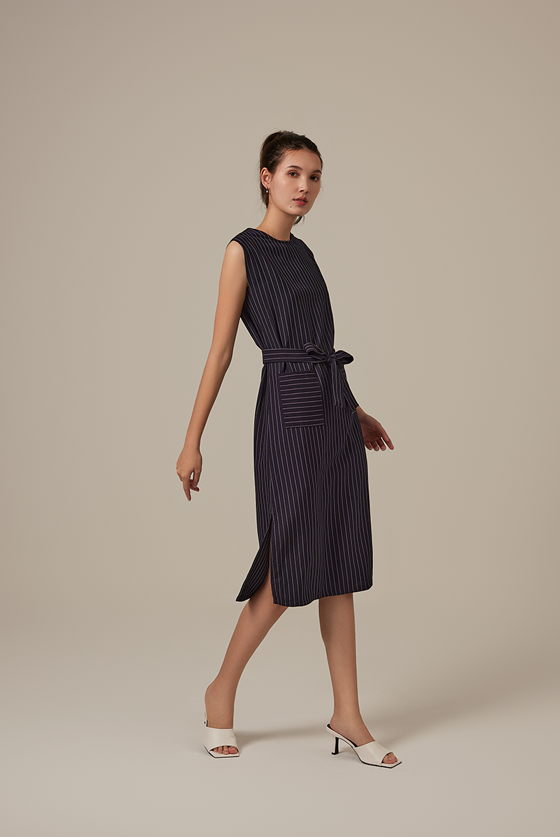 Landa Stripes Sleeveless Dress in Navy Blue