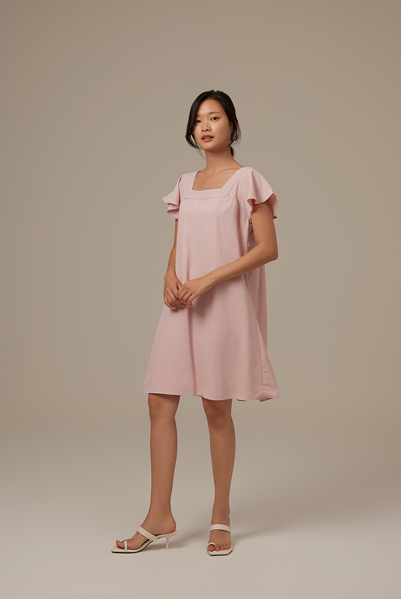 Alexa Flutter Sleeve Dress in Blush