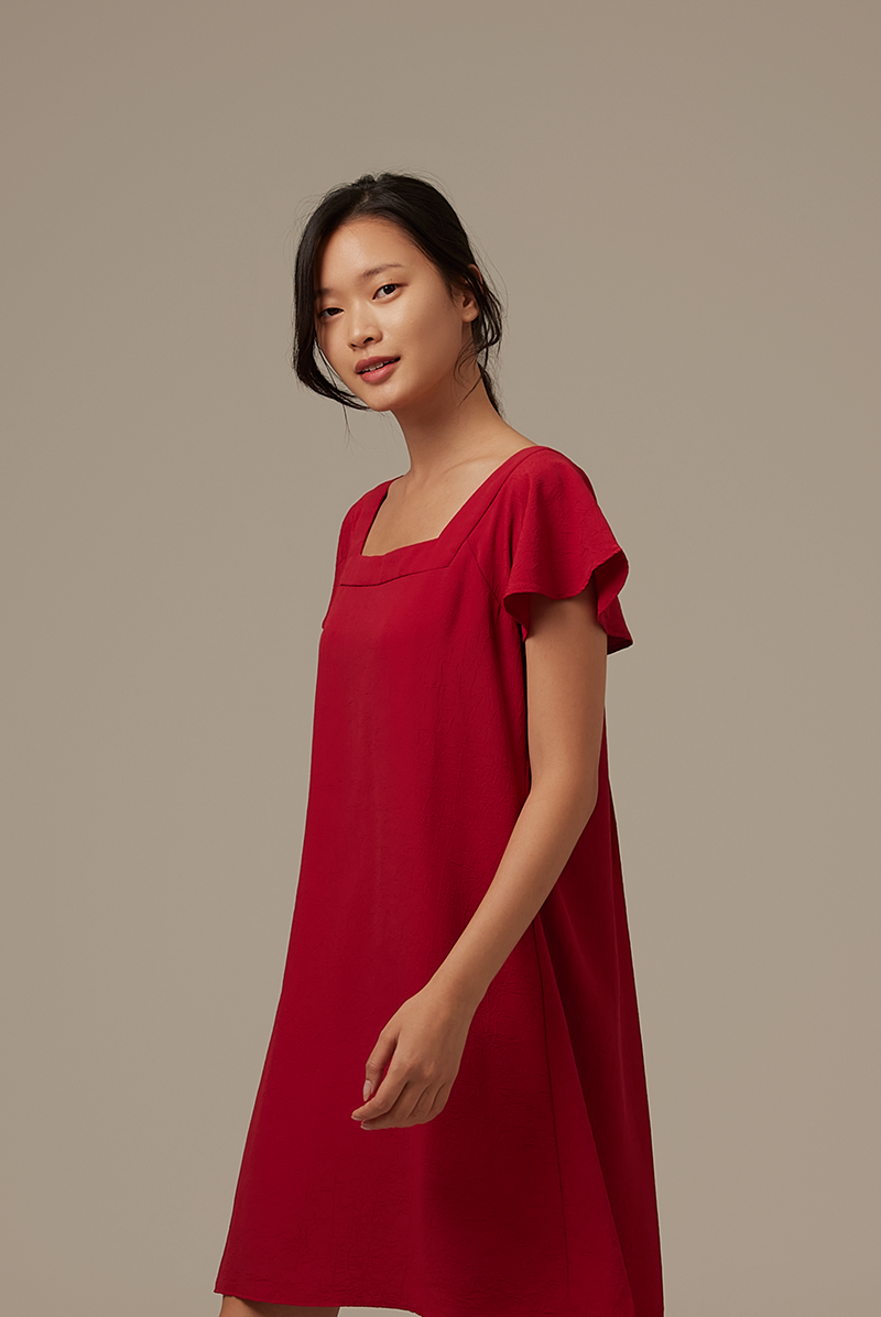 Alexa Flutter Sleeve Dress in Burgundy