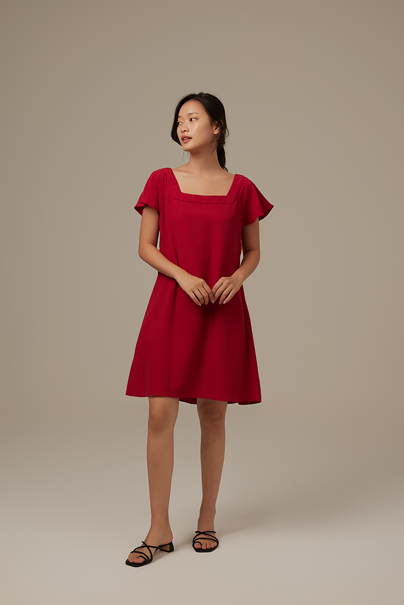 Alexa Flutter Sleeve Dress in Burgundy