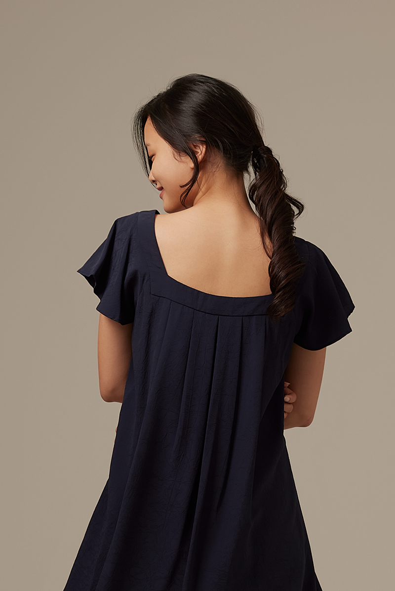 Alexa Flutter Sleeve Dress in Navy Blue