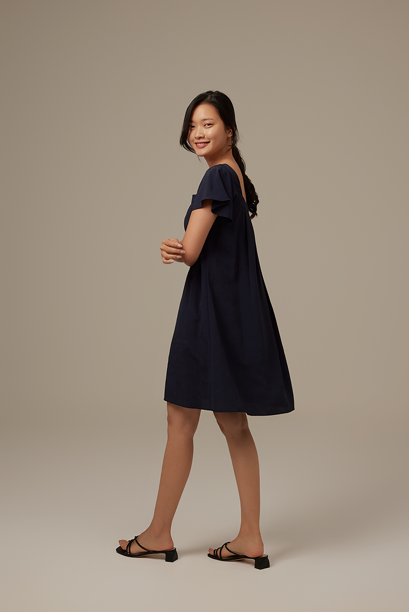 Alexa Flutter Sleeve Dress in Navy Blue