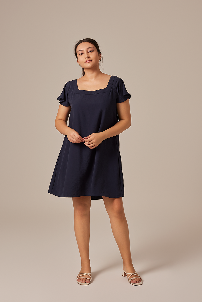 Alexa Flutter Sleeve Dress in Navy Blue