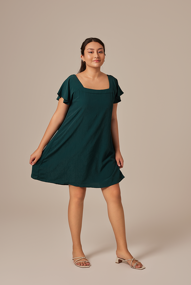 Alexa Flutter Sleeve Dress in Pine