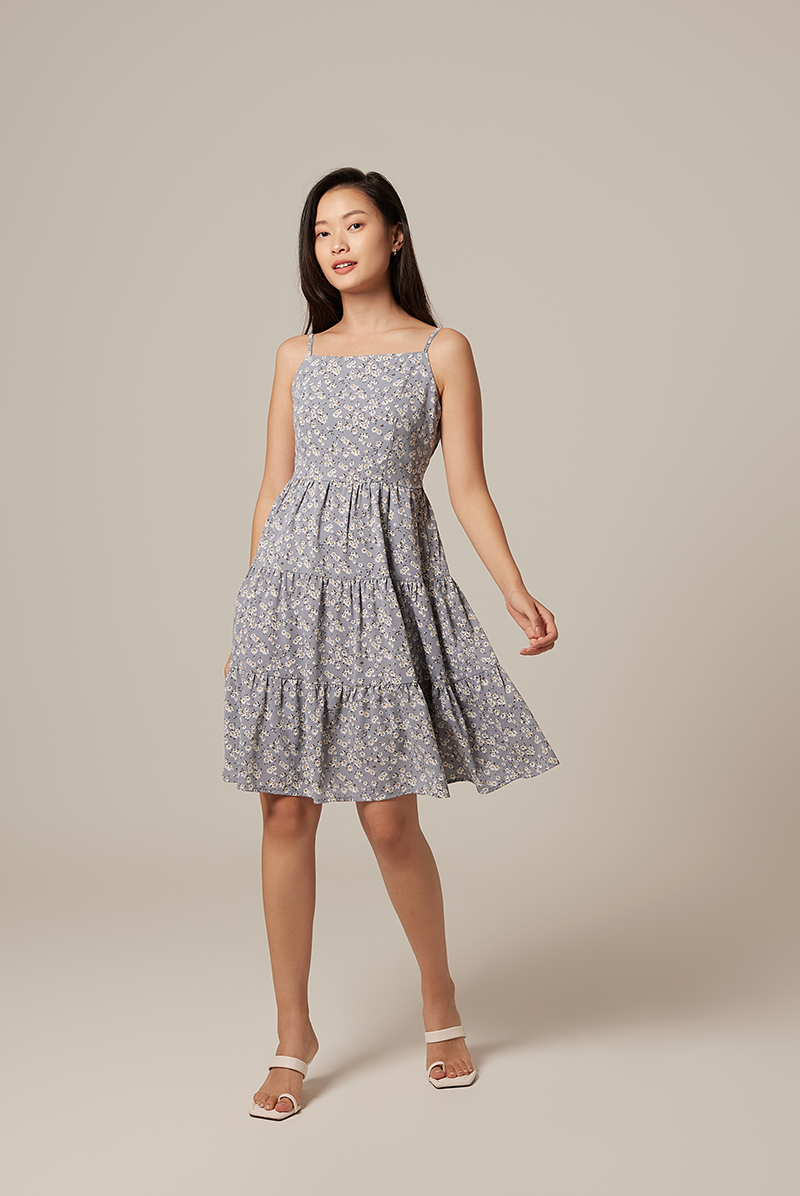 Joy Floral Print Dress in Dusty Blue