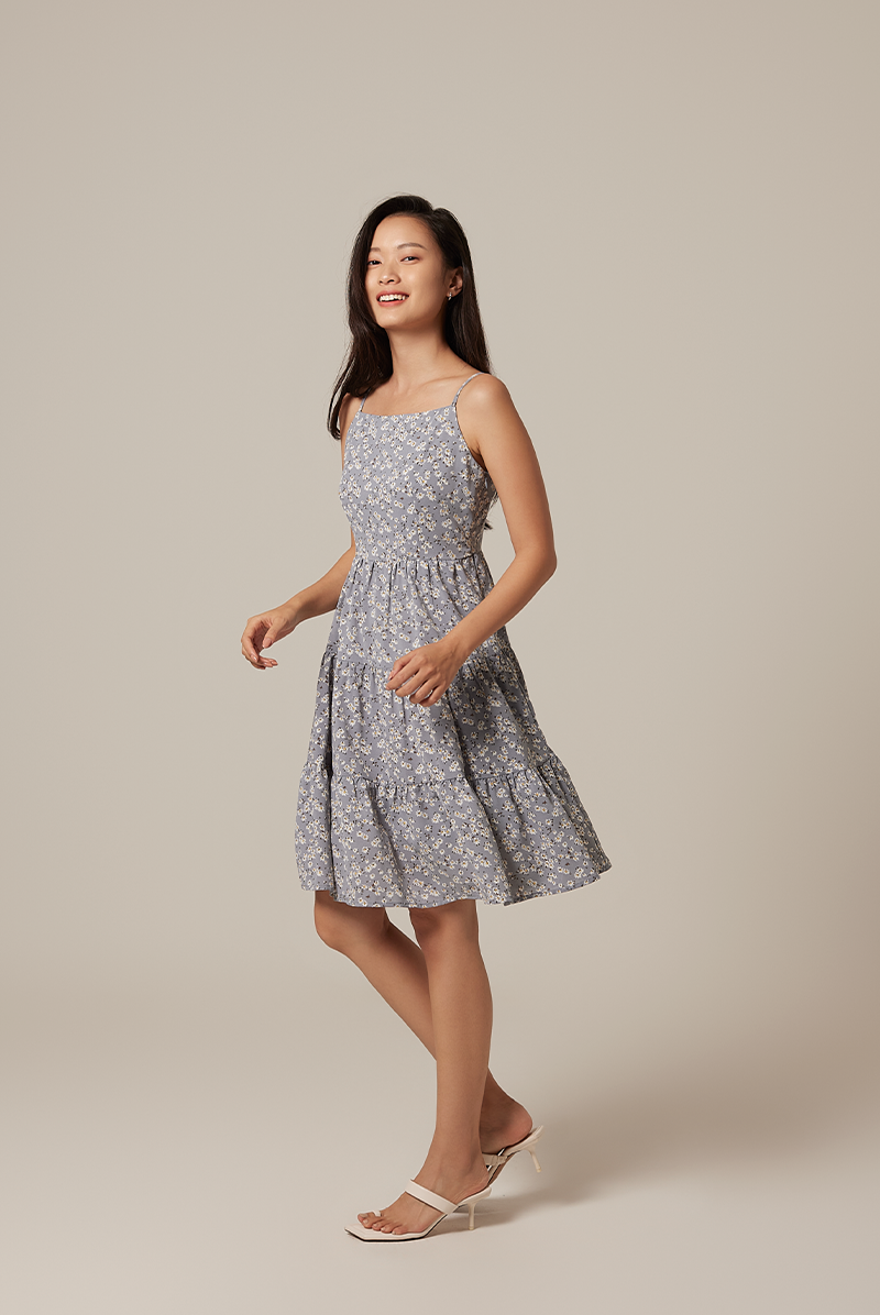 Joy Floral Print Dress in Dusty Blue
