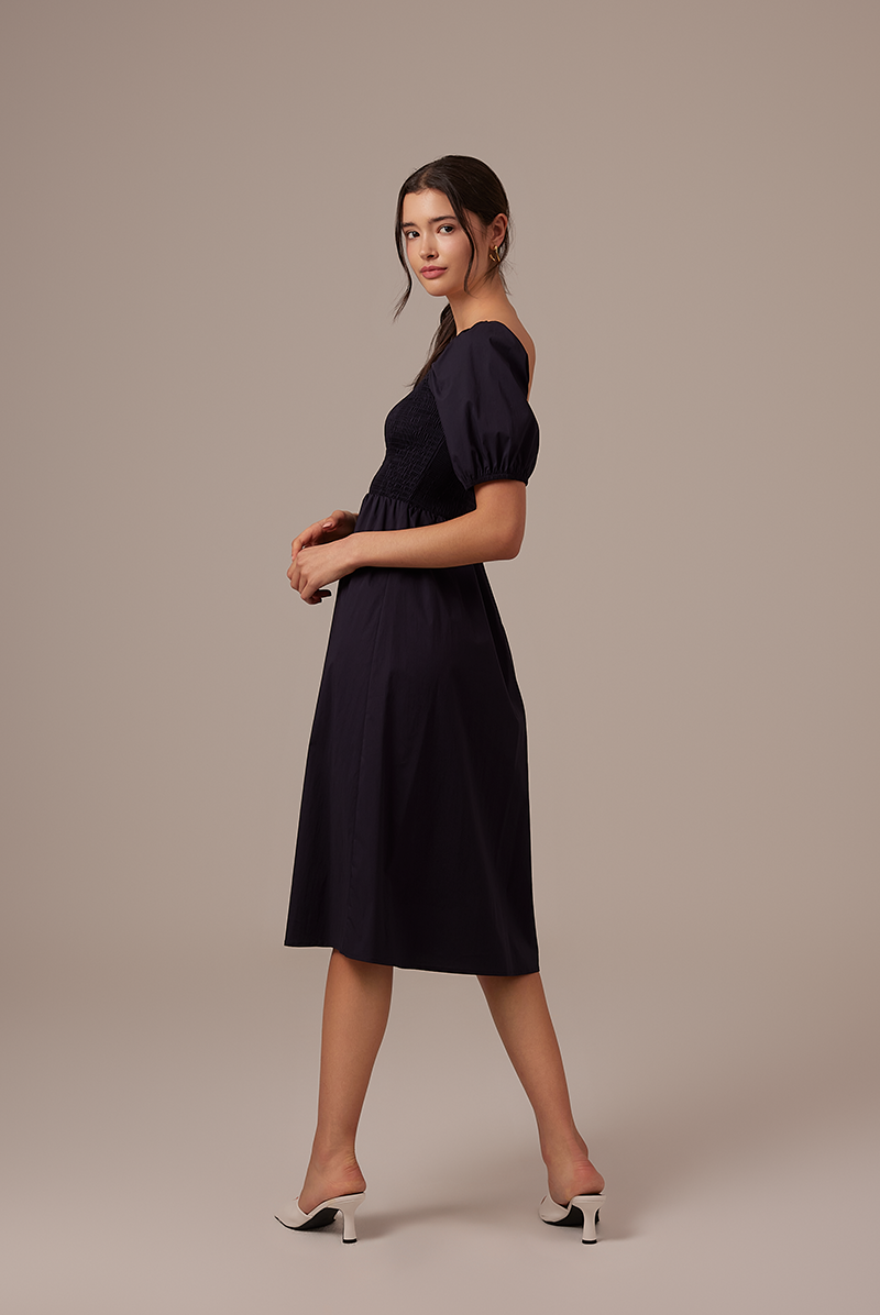 Jamie Smocked Dress in Navy Blue