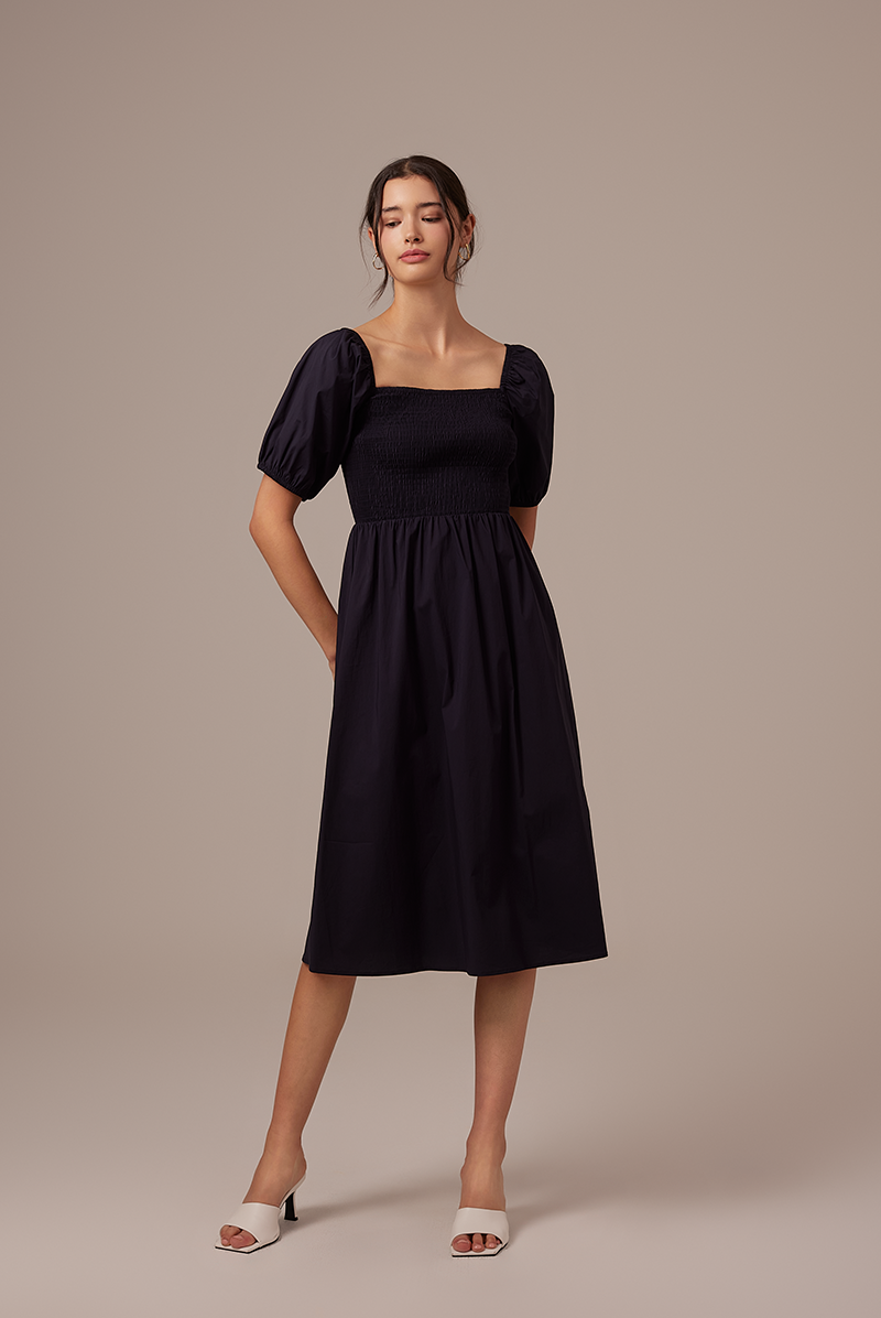 Jamie Smocked Dress in Navy Blue