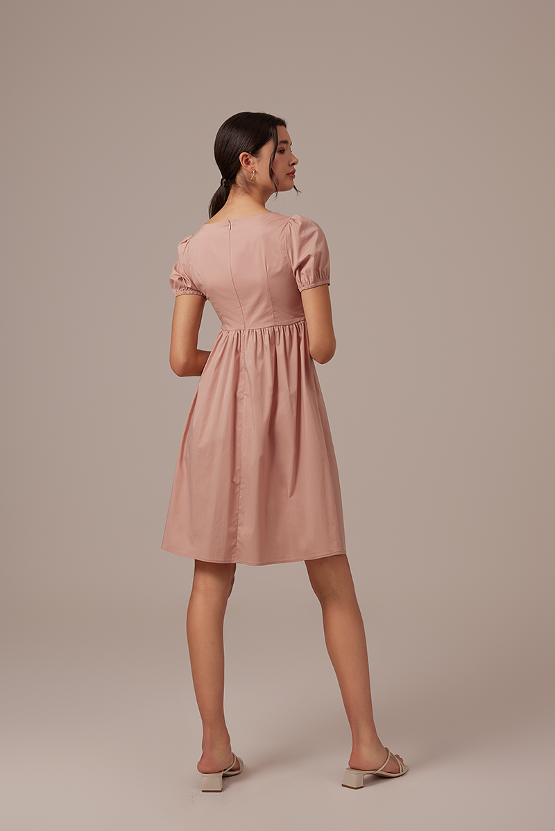 Hilary Ruched Bodice Dress in Nude