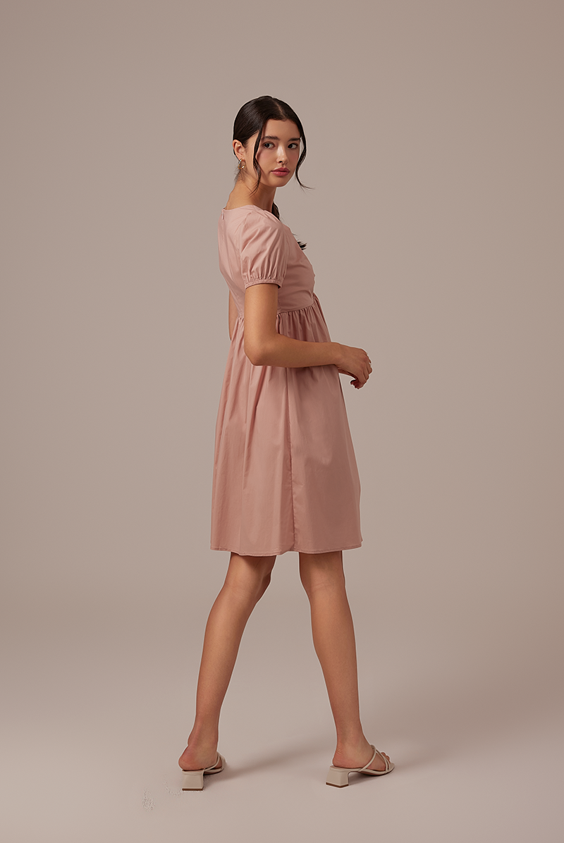 Hilary Ruched Bodice Dress in Nude