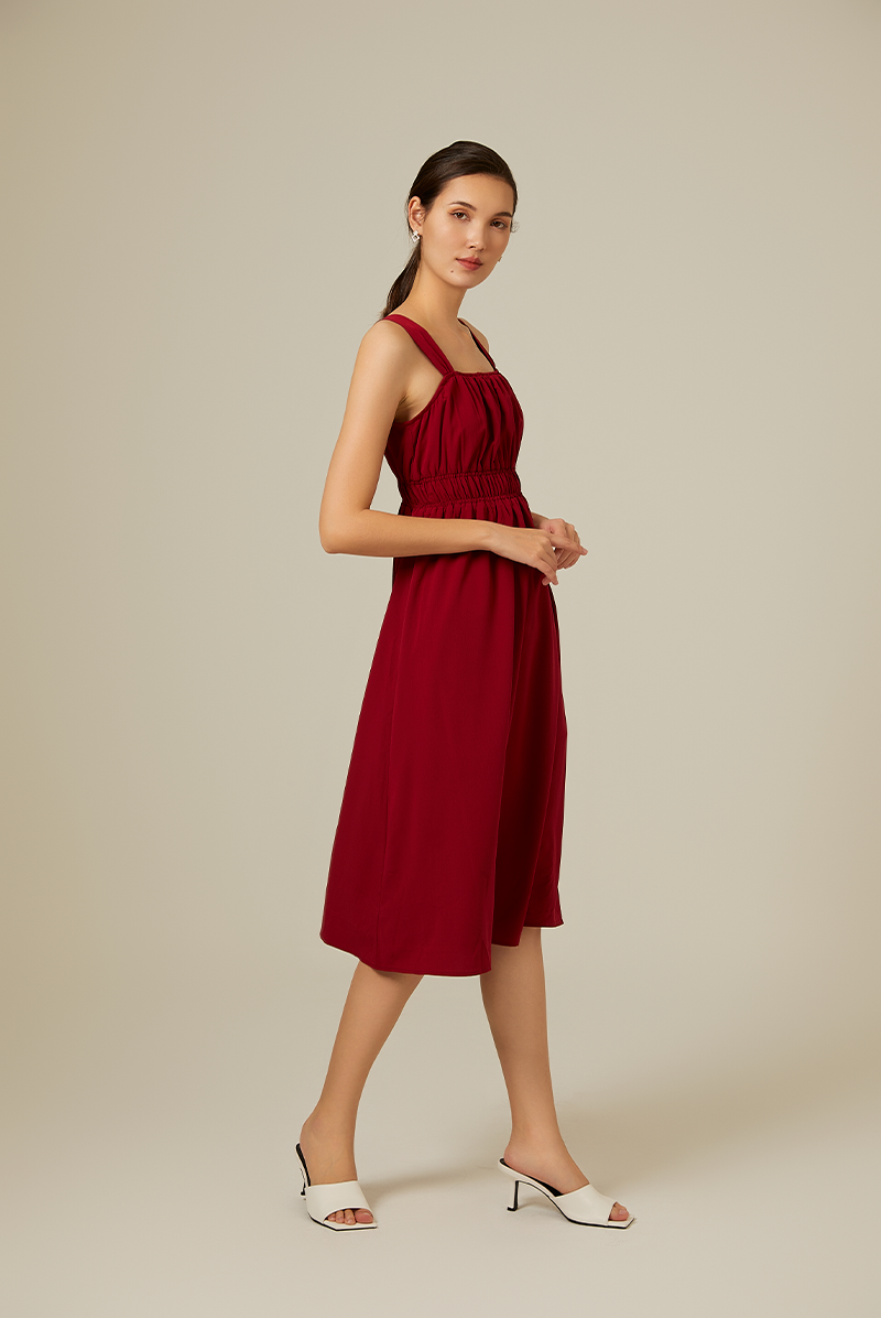 Idana Ruched Midi Dress in Maroon