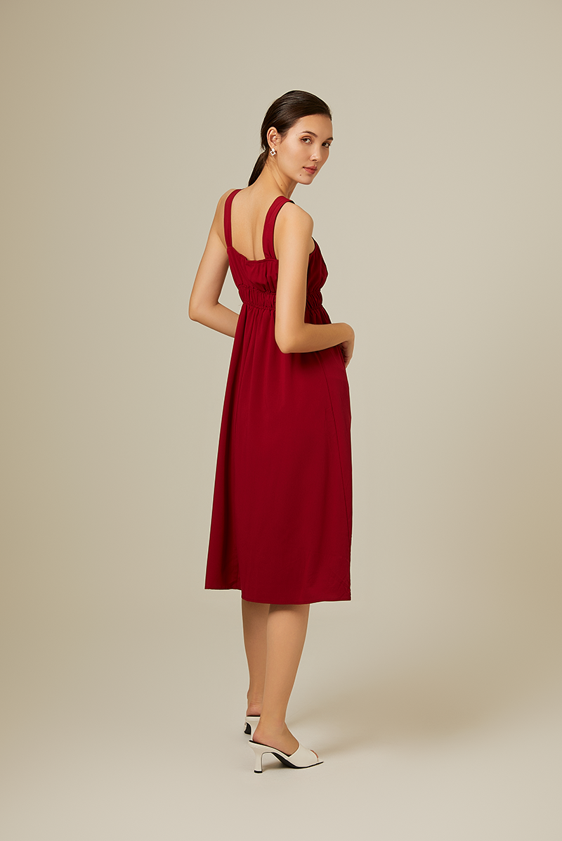 Idana Ruched Midi Dress in Maroon