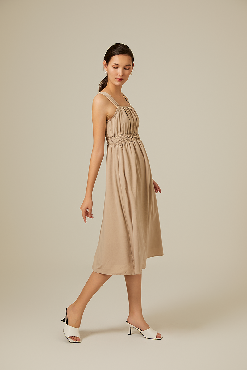 Idana Ruched Midi Dress in Taupe