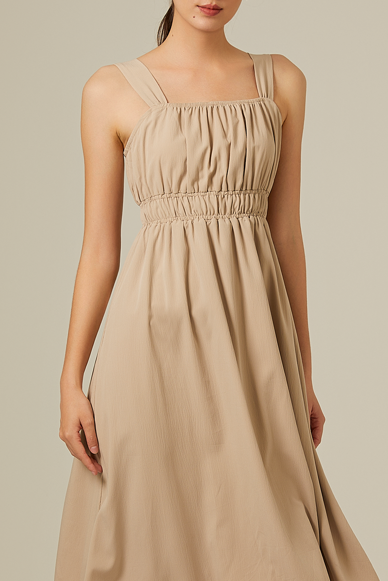 Idana Ruched Midi Dress in Taupe