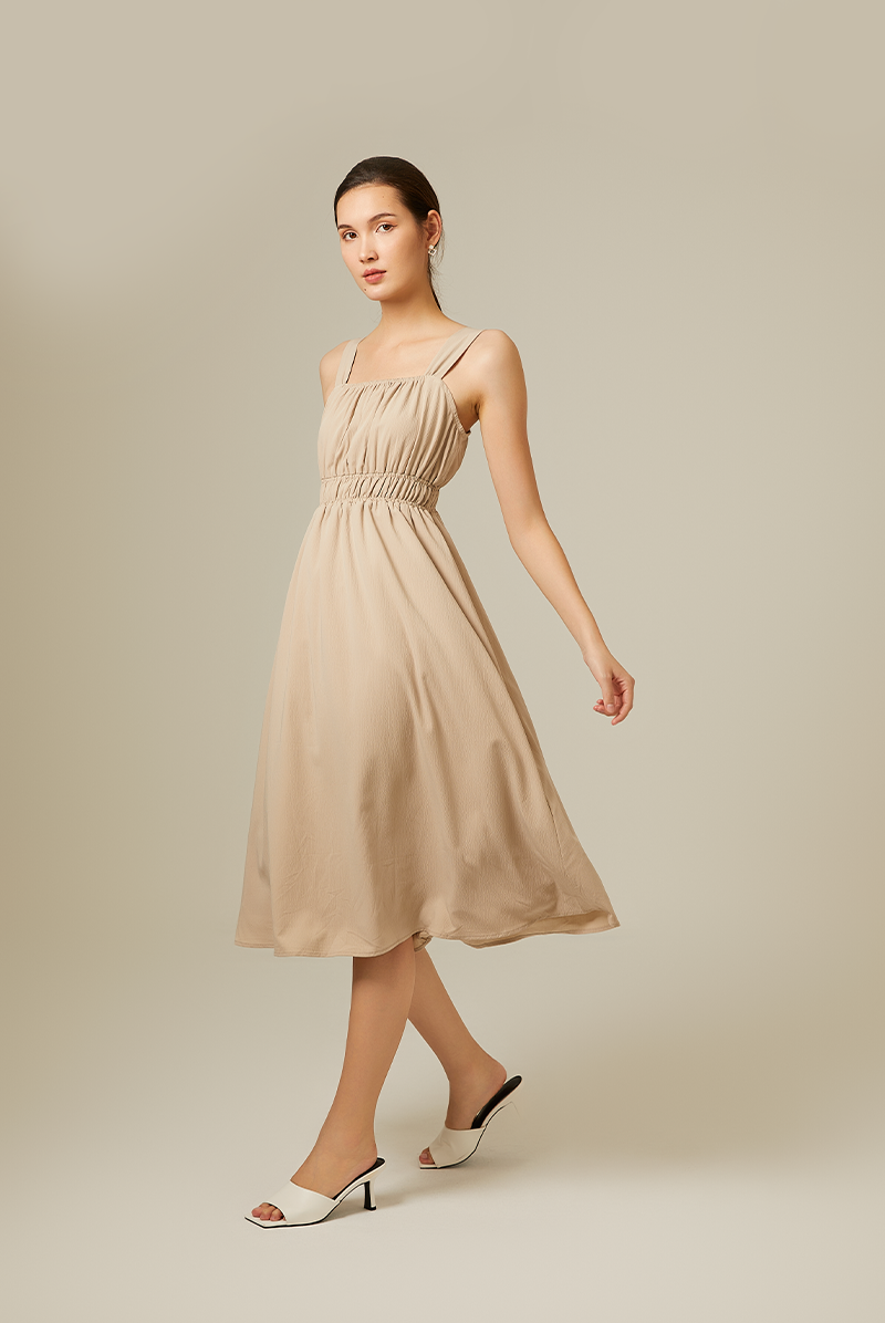 Idana Ruched Midi Dress in Taupe