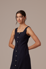 Aiko Button Dress in Navy Blue