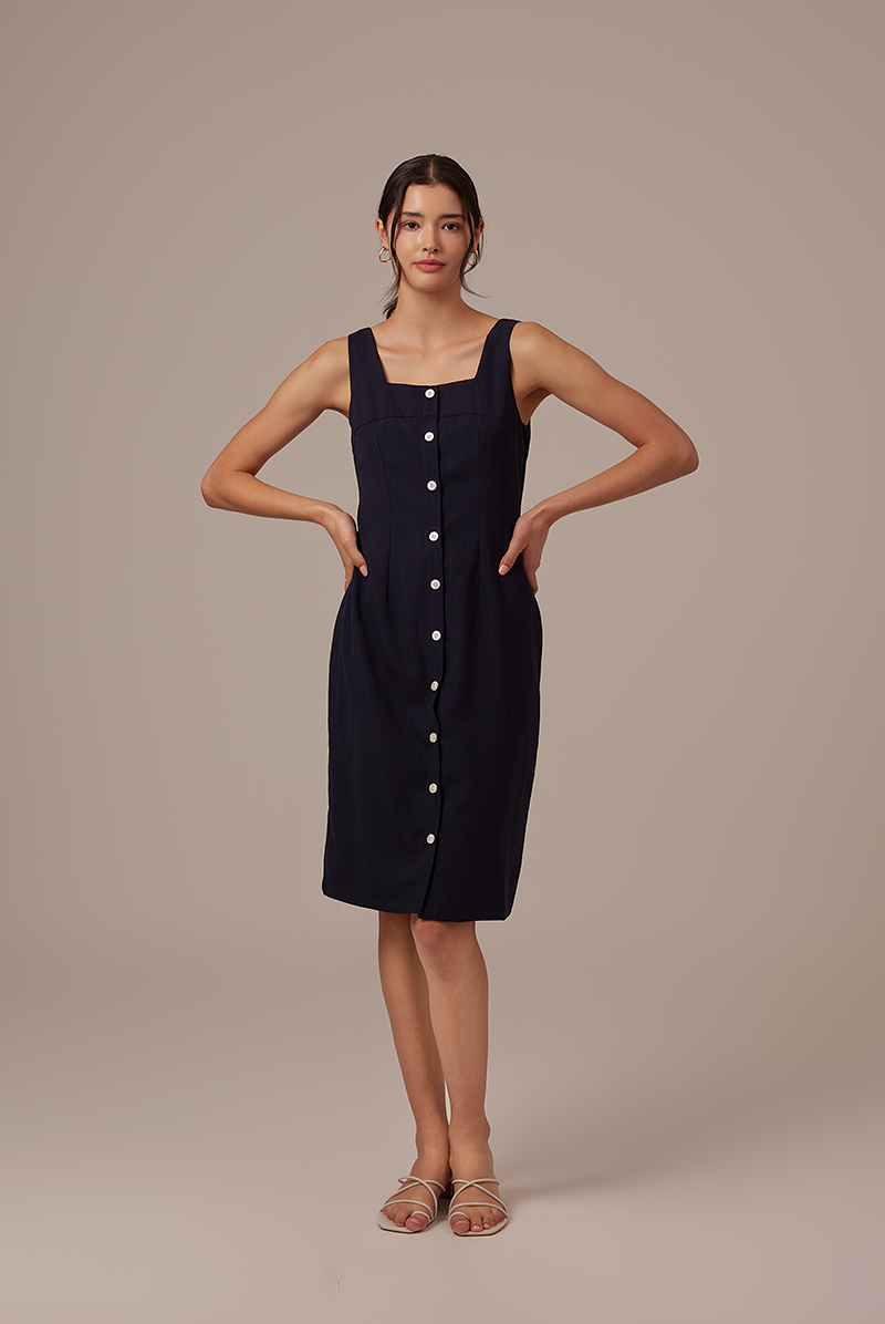 Aiko Button Dress in Navy Blue
