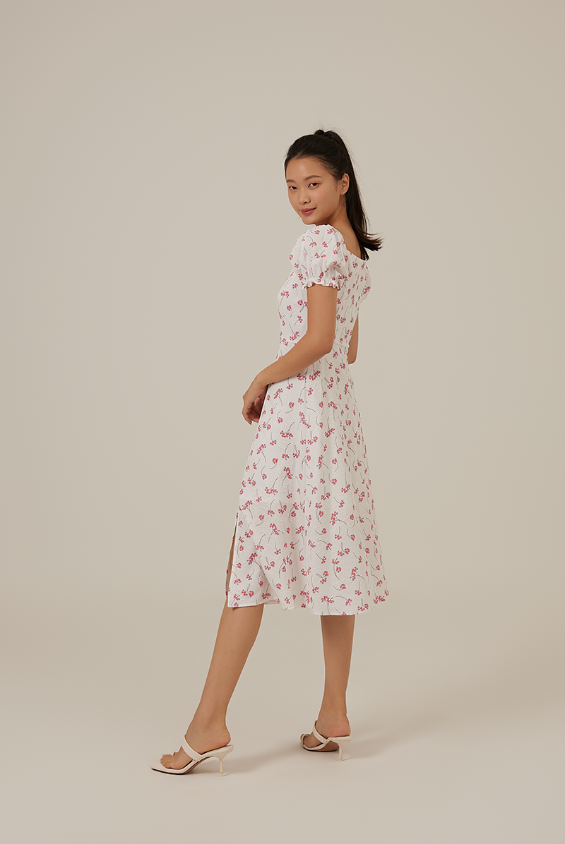 Adelyn Puff Sleeves Floral Dress in Raspberry