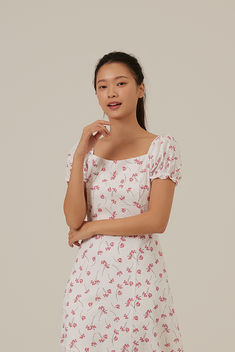 Adelyn Puff Sleeves Floral Dress in Raspberry