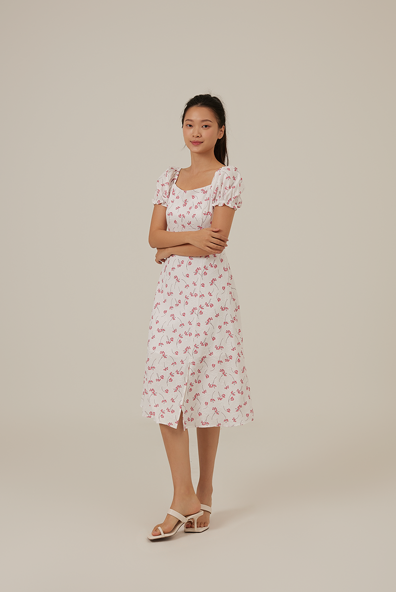 Adelyn Puff Sleeves Floral Dress in Raspberry