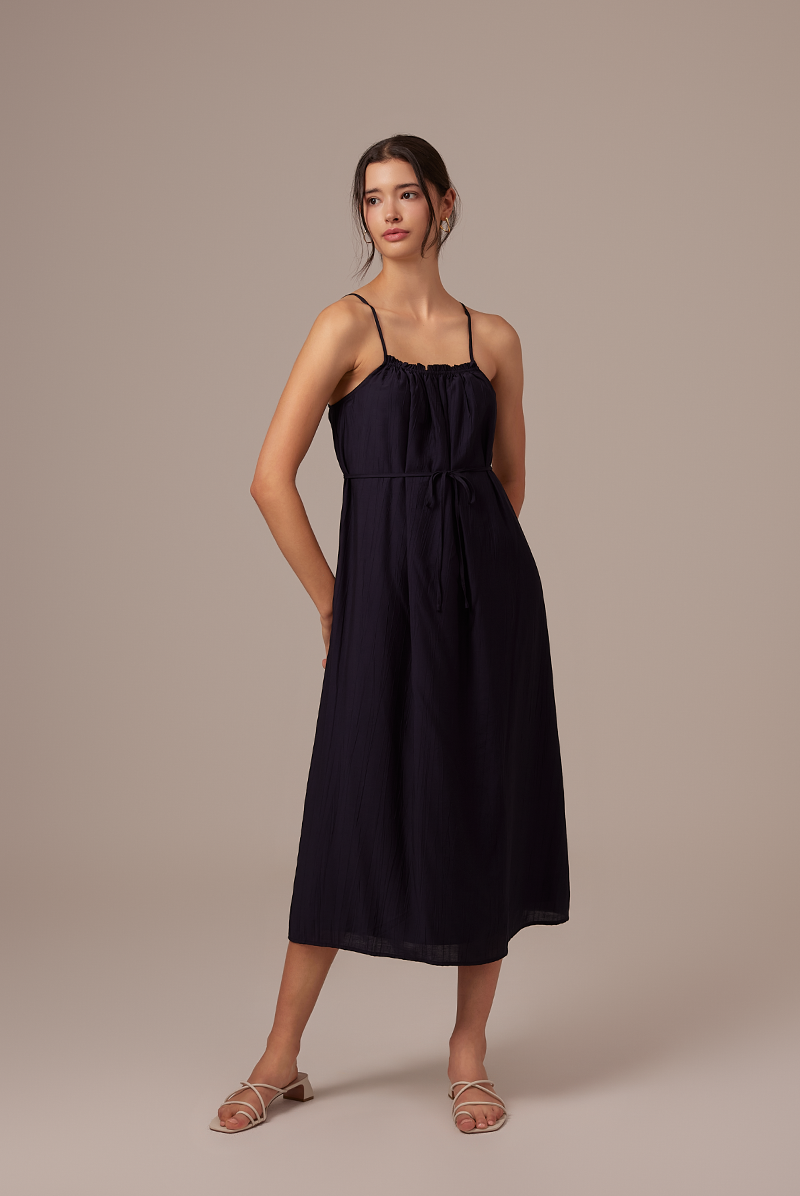 Leah Textured Midi Dress in Navy Blue