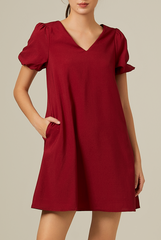 Dorene V-Neck Ribbon Dress in Burgundy