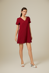 Dorene V-Neck Ribbon Dress in Burgundy