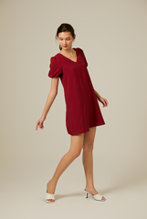 Dorene V-Neck Ribbon Dress in Burgundy