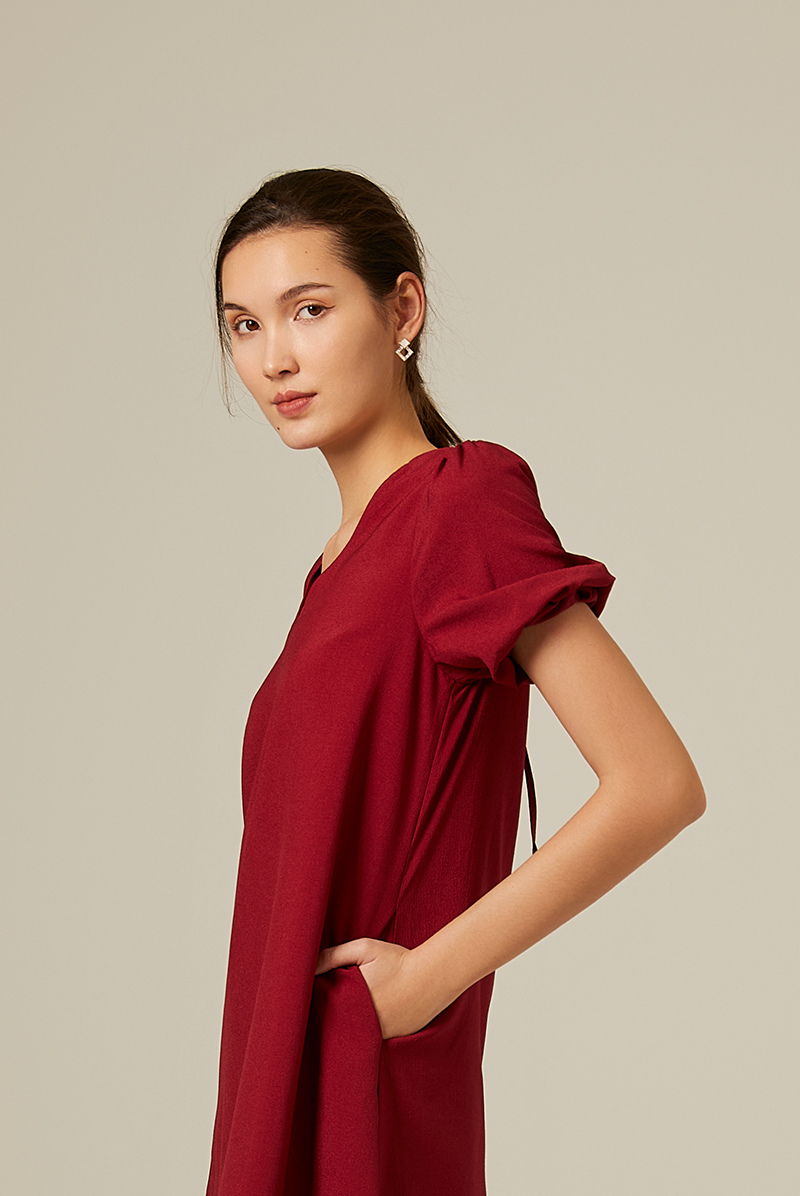 Dorene V-Neck Ribbon Dress in Burgundy