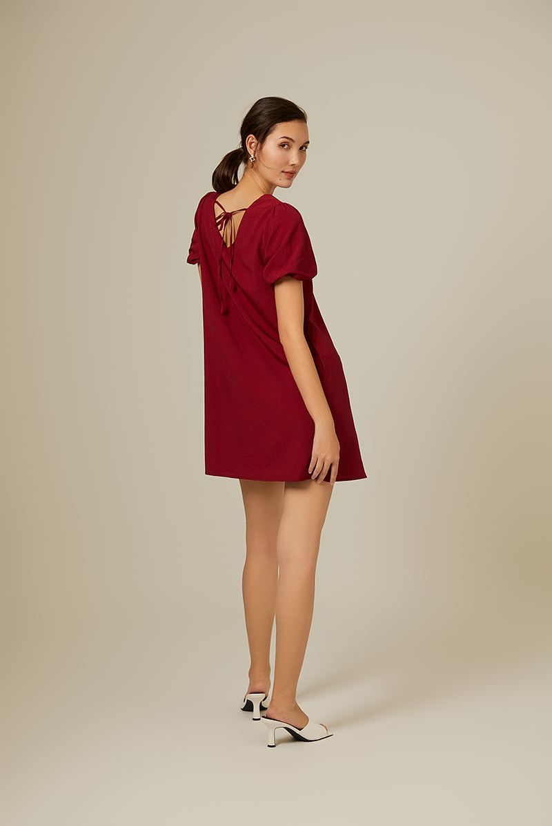 Dorene V-Neck Ribbon Dress in Burgundy