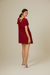 Dorene V-Neck Ribbon Dress in Burgundy