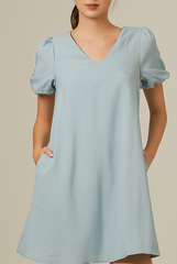 Dorene V-Neck Ribbon Dress in Dusty Blue