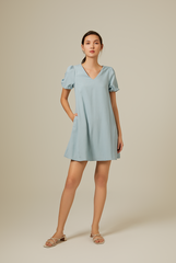 Dorene V-Neck Ribbon Dress in Dusty Blue