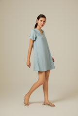 Dorene V-Neck Ribbon Dress in Dusty Blue