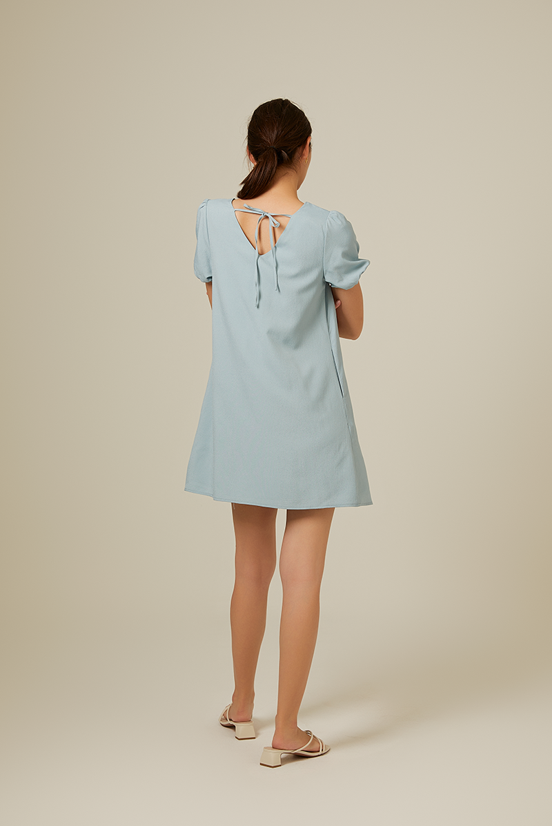 Dorene V-Neck Ribbon Dress in Dusty Blue