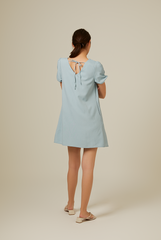 Dorene V-Neck Ribbon Dress in Dusty Blue