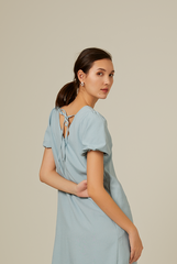 Dorene V-Neck Ribbon Dress in Dusty Blue