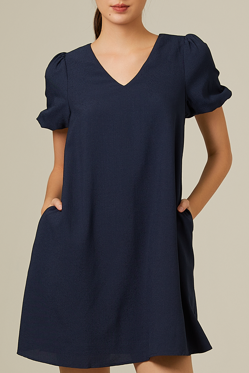Dorene V-Neck Ribbon Dress in Navy Blue