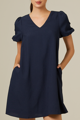 Dorene V-Neck Ribbon Dress in Navy Blue