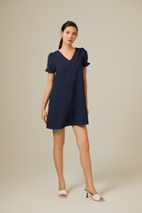 Dorene V-Neck Ribbon Dress in Navy Blue