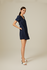 Dorene V-Neck Ribbon Dress in Navy Blue