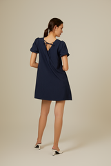 Dorene V-Neck Ribbon Dress in Navy Blue