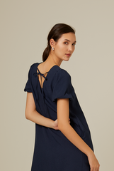 Dorene V-Neck Ribbon Dress in Navy Blue