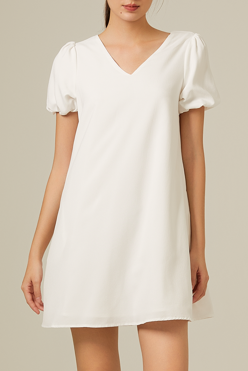 Dorene V-Neck Ribbon Dress in White