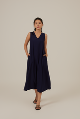 Tinlyn Ribbon V-neck Dress in Navy Blue