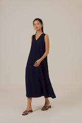 Tinlyn Ribbon V-neck Dress in Navy Blue
