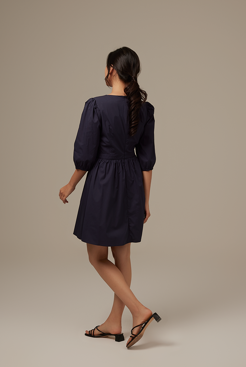 Simone Puff Sleeves Dress in Navy Blue