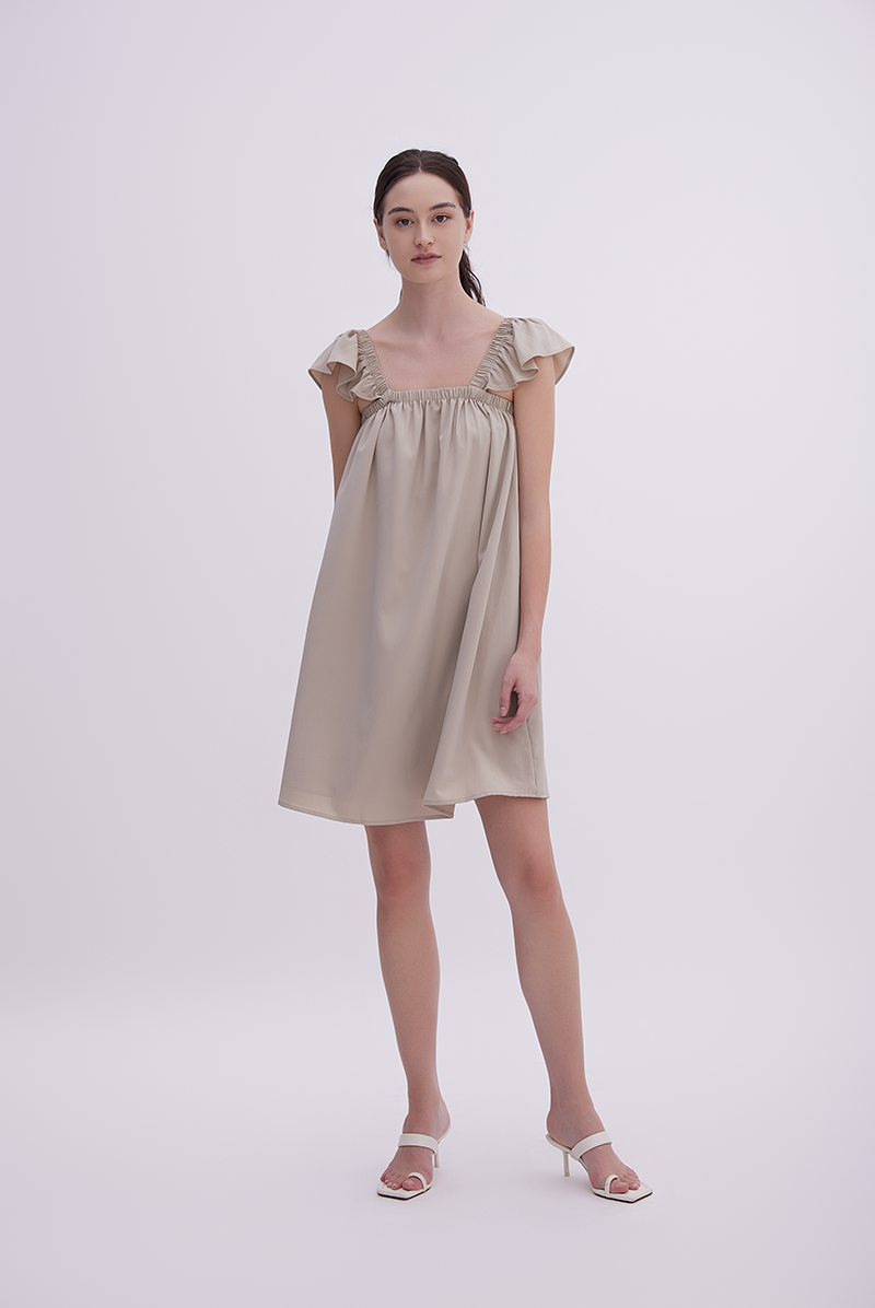 Isla Sleeveless Flutter Dress in Taupe