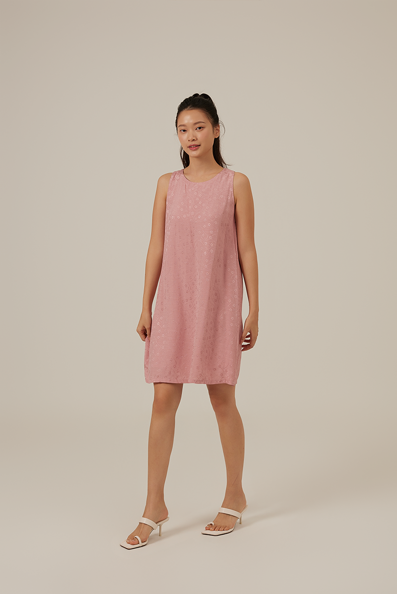 Maggie Embroidery Shift Dress in Dusty Pink